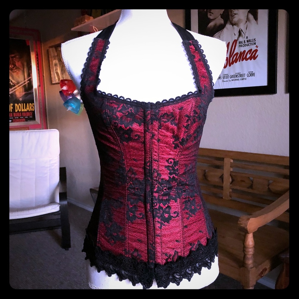 Fredericks burgundy corset with black lace size 34